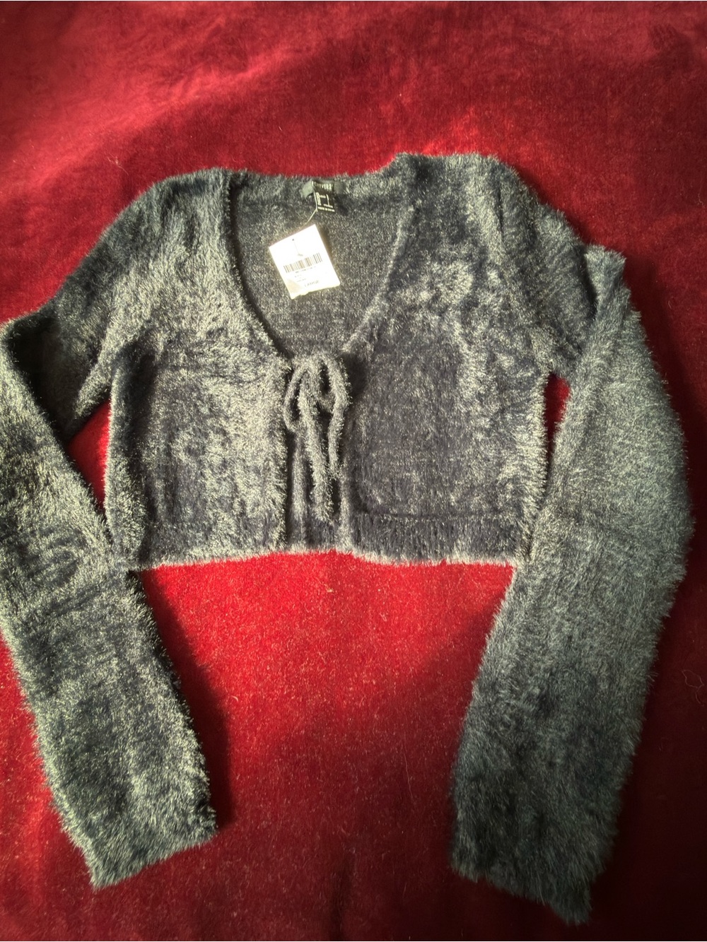Forever 21 Fuzzy Tie-Front Cropped Cardigan - Black Sz M/L